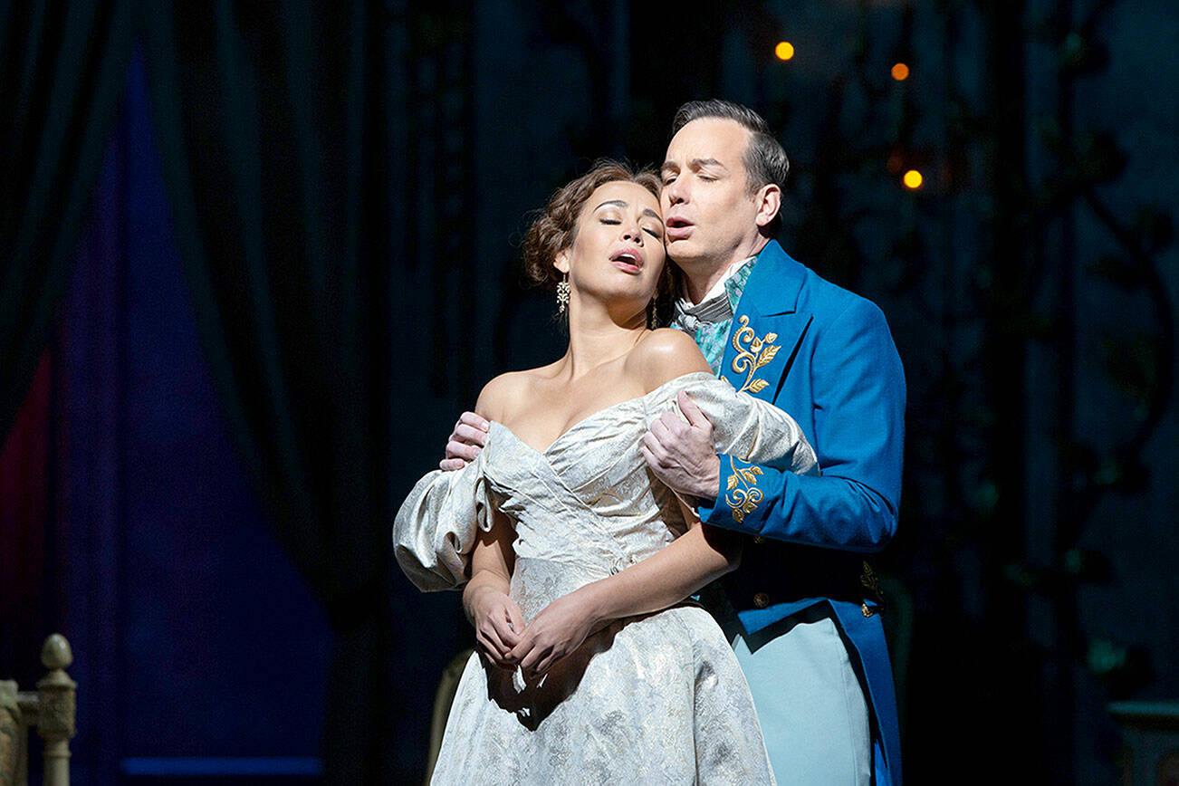 Soprano Nadine Sierra is Violetta and tenor Stephen Costello is her lover Alfredo in “La Traviata,” to be simulcast live from the Metropolitan Opera in New York City this Saturday. The opera will light the 25- by 15-foot screen at Port Angeles’ Naval Elks Lodge. (Metropolitan Opera)