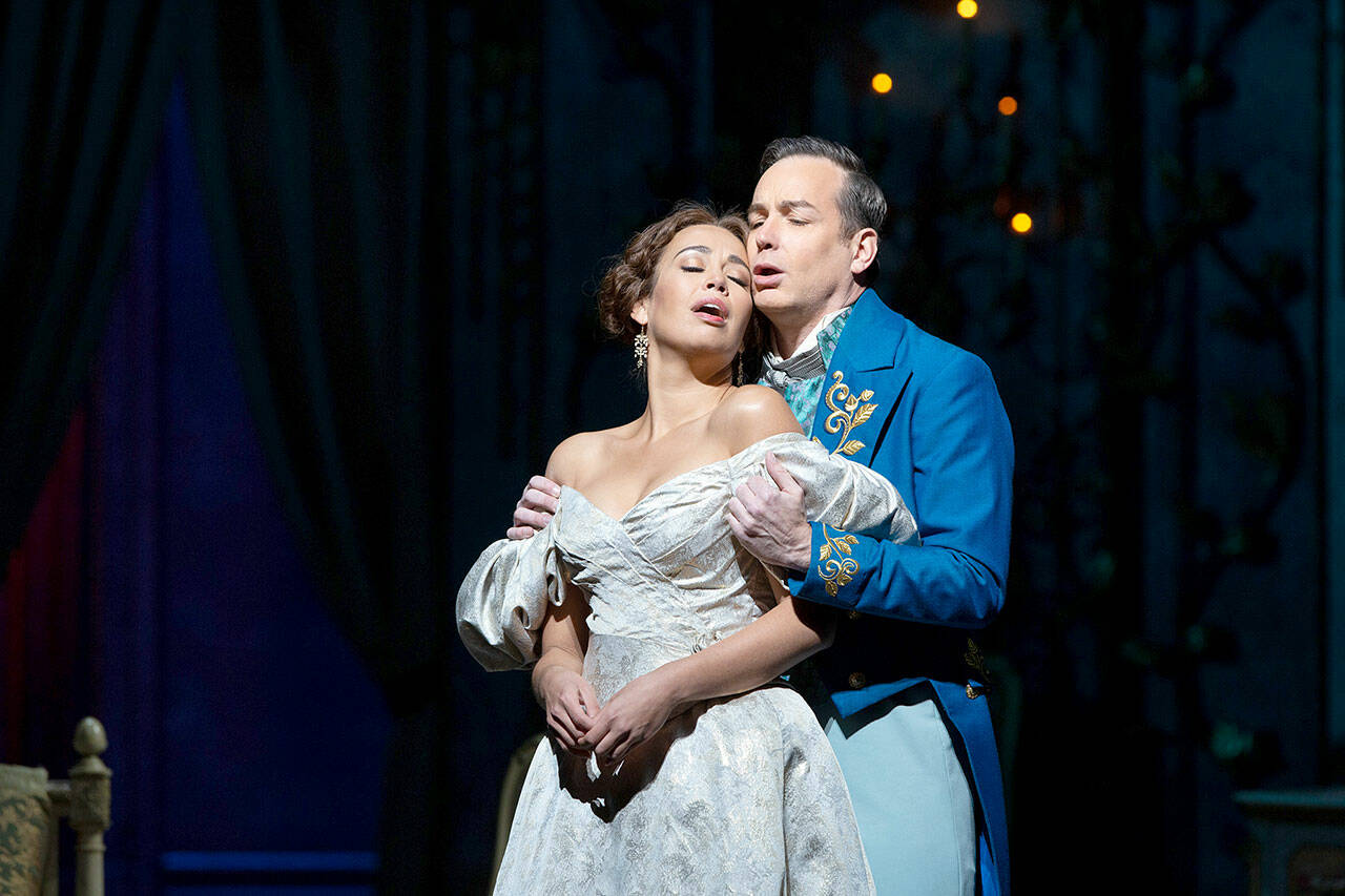 Soprano Nadine Sierra is Violetta and tenor Stephen Costello is her lover Alfredo in “La Traviata,” to be simulcast live from the Metropolitan Opera in New York City this Saturday. The opera will light the 25- by 15-foot screen at Port Angeles’ Naval Elks Lodge. (Metropolitan Opera)