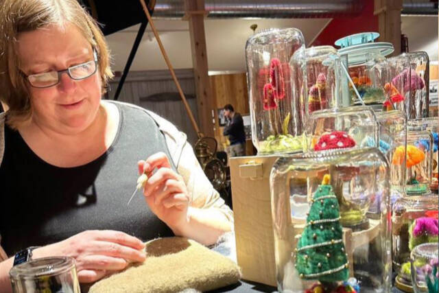 Jennifer Harris, demonstrating needle felting, is one of several artists participating in the Fiber Arts Festival “Interlaced Lore — Adventure, Fellowship, & Perseverance” exhibition’s final day at Sequim Museum & Arts on Saturday. (Submitted photo)