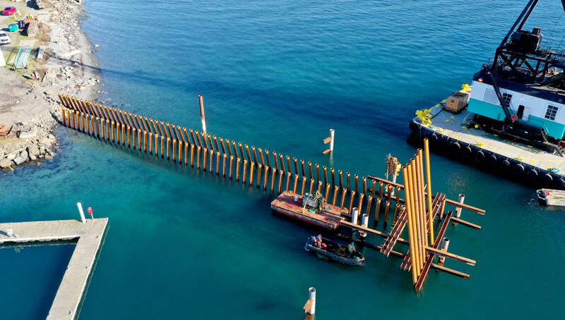 An aerial view of the north jetty shows it as it is being rebuilt at the Point Hudson Marina.
