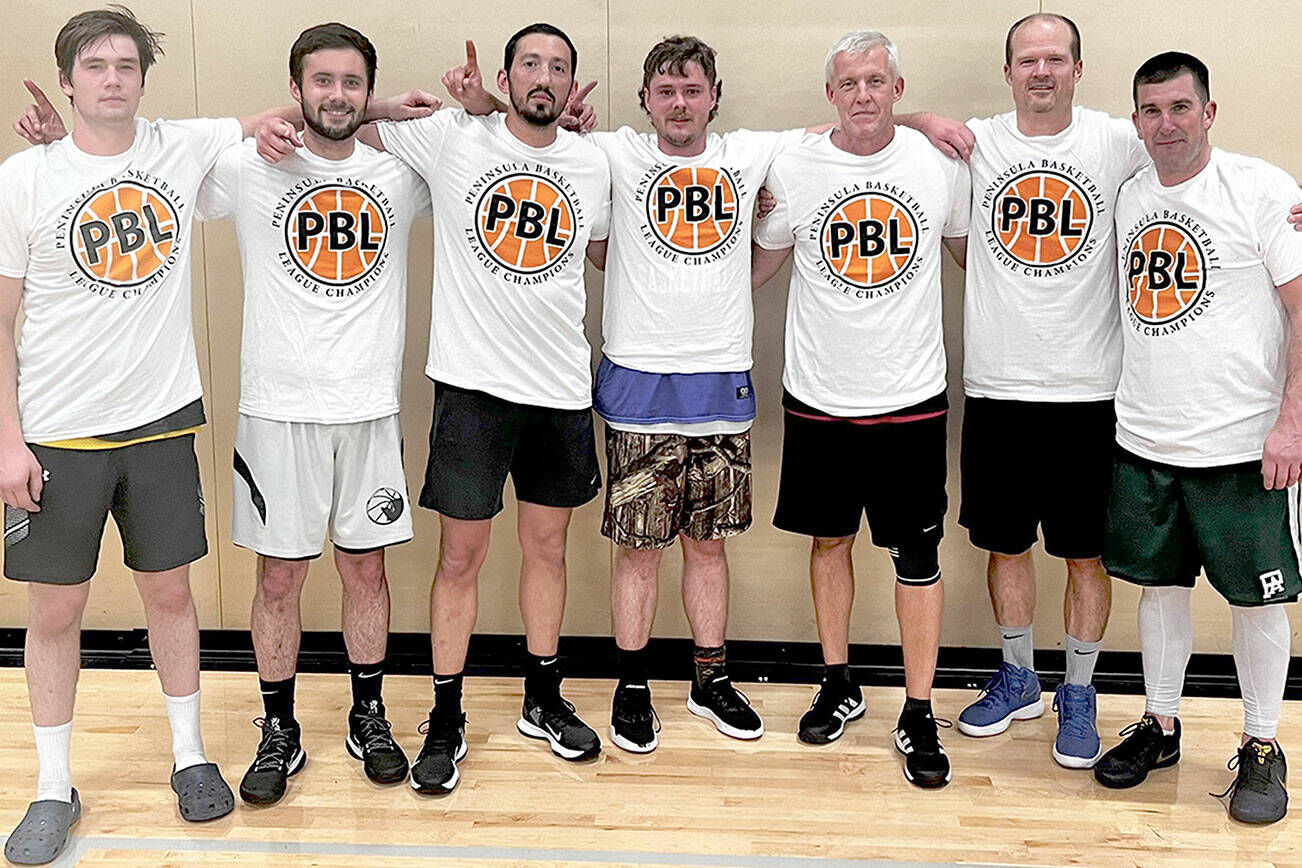 7 Cedars Casino rolled past Black Diamond Electric 85-47 to win the Peninsula Basketball League on Wednesday night at Peninsula College. 
Team members are from left, Gabe Long, Kyle Benedict, Daniel Horton, Easton Joslin, Sten Christiansen, Jim Halberg and Kasey Ulin.