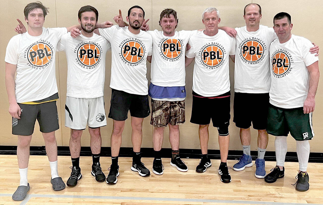 7 Cedars Casino rolled past Black Diamond Electric 85-47 to win the Peninsula Basketball League on Wednesday night at Peninsula College. Team members are from left, Gabe Long, Kyle Benedict, Daniel Horton, Easton Joslin, Sten Christiansen, Jim Halberg and Kasey Ulin.
