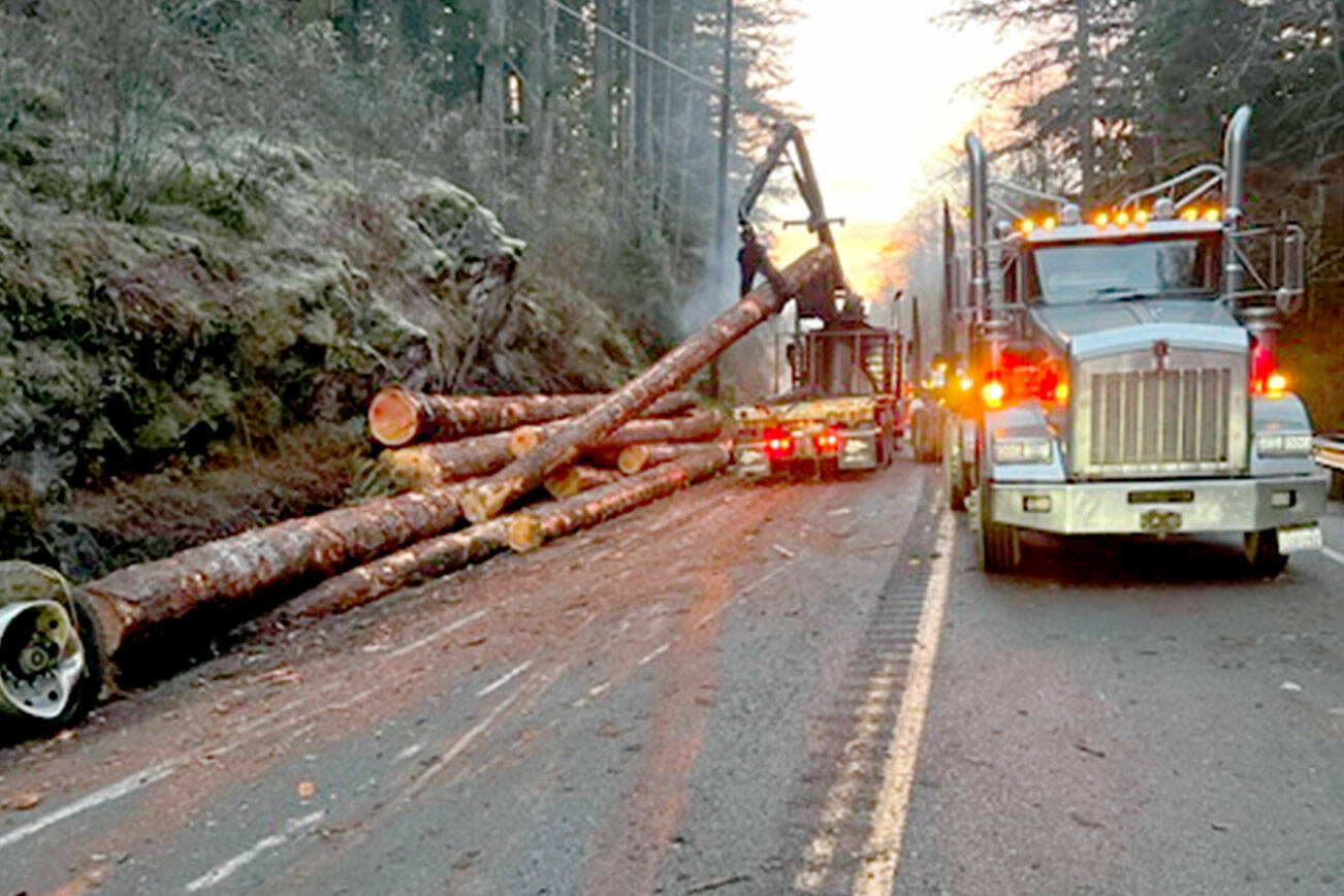 Brinnon Fire Department
Logs are moved off Highway 101 near Brinnon after a wreck early Friday.