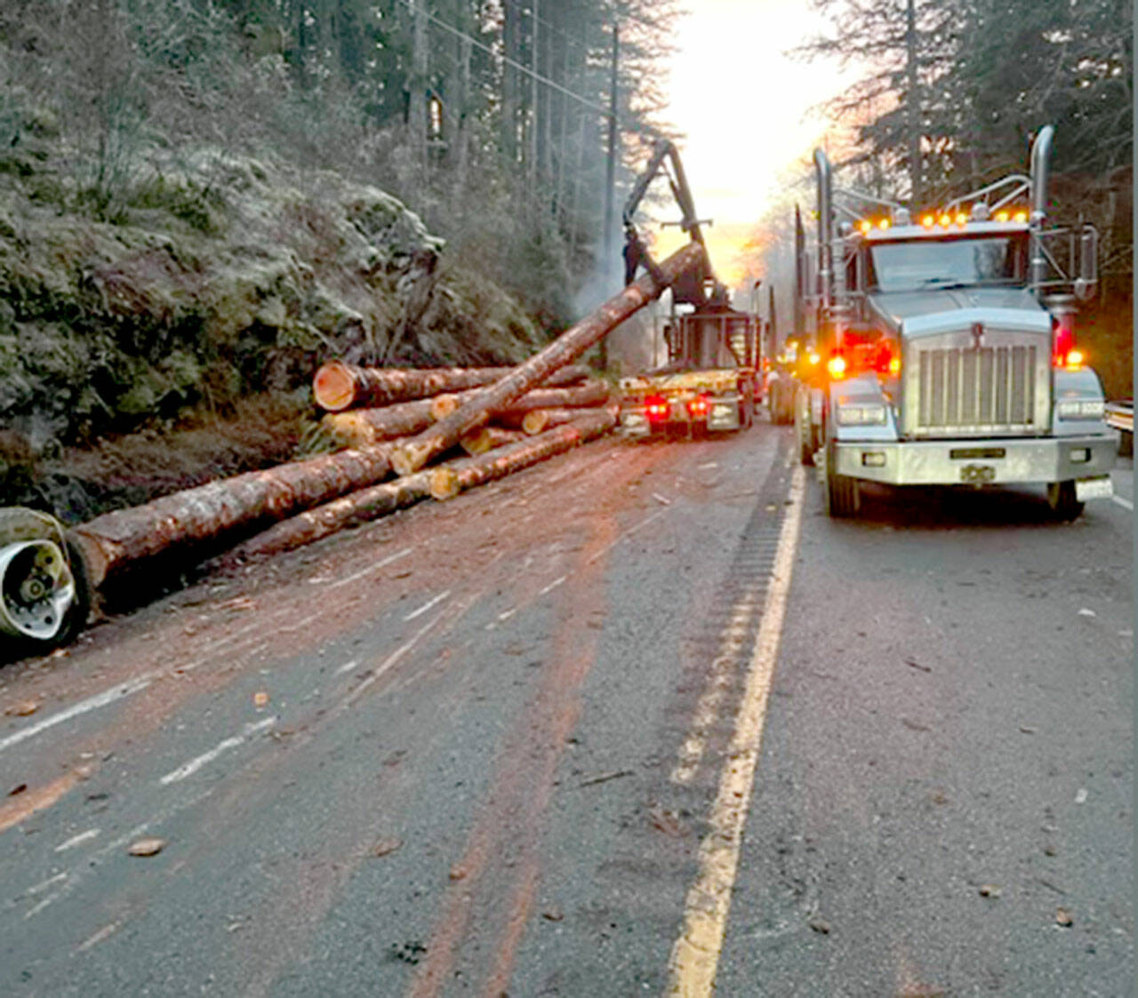 Logs are moved off Highway 101 near Brinnon after a wreck early Friday. (Brinnon Fire Department)