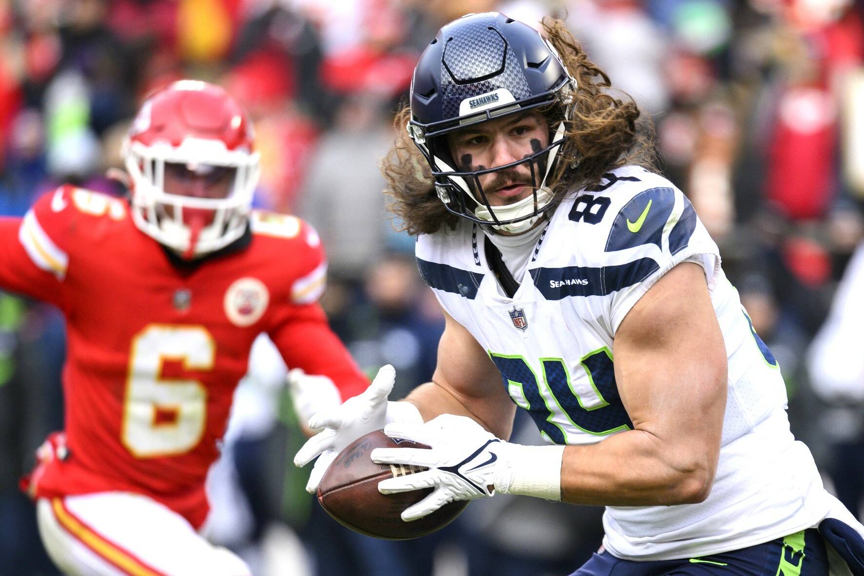 Seattle Seahawks tight end Colby Parkinson (84) makes a catch for a first down against the Kansas City Chiefs on Saturday in Kansas City, Mo. Kansas City won the game 24-10. (Reed Hoffmann/The Associated Press)