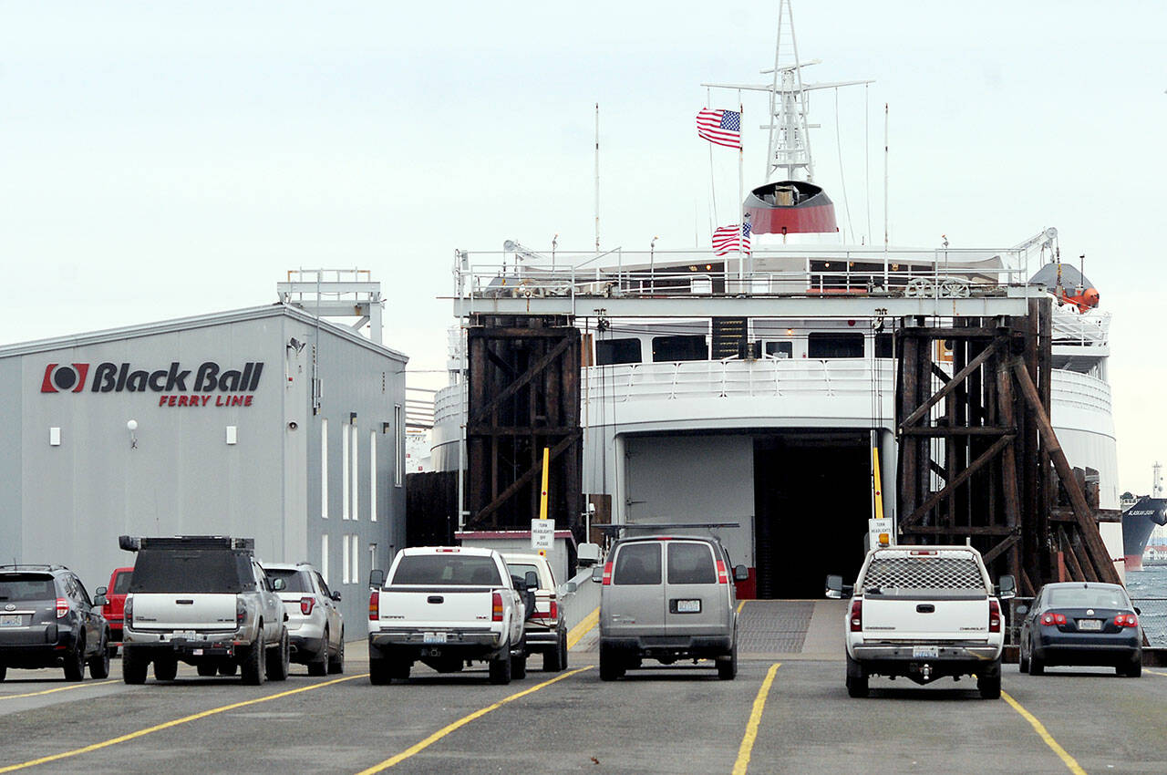 The ferry MV Coho sits in Port Angeles on Wednesday during its annual hiatus from service for maintenance. (Keith Thorpe/Peninsula Daily News)