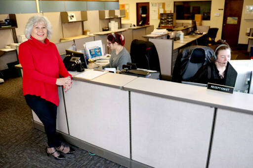 Vivian Hansen, left, will oversee Peninsula Daily News’ customer service department. She is joined at the front desk by Llewellynn Foulk, center, and Kathleen Boyd. (Alyssa Brown/Peninsula Daily News)