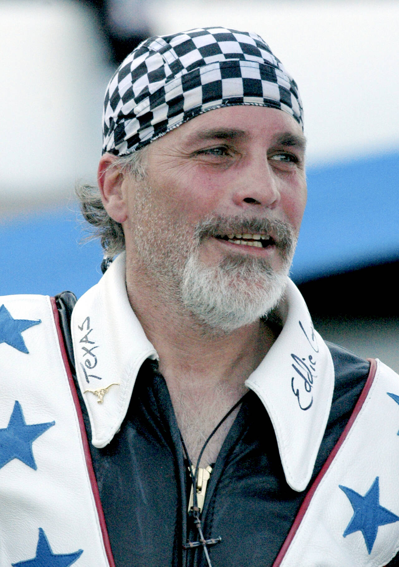 Robbie Knievel appears after his motorcycle jump before the start of the IRL Firestone 550 auto race at the Texas Motor Speedway in Fort Worth, Texas on June 5, 2010. (AP Photo/Randy Holt)
