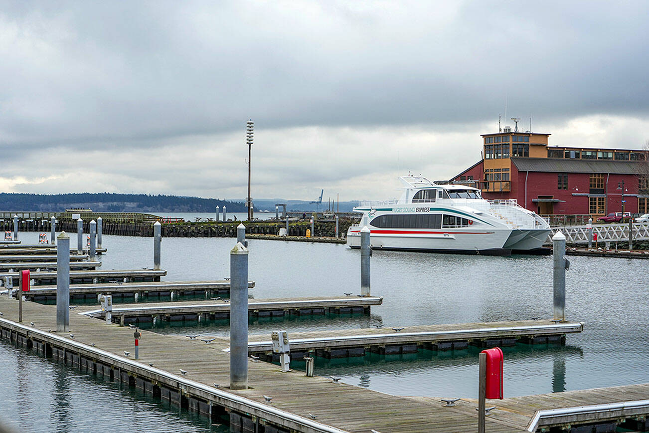 The Swiftsure, a whale-watching tour boat operated by Port Townsend-based Puget Sound Express, is the first vessel to take advantage of the early reopening of the Point Hudson Marina on Wednesday after four months of closure to rebuild its north jetty. The marina will close again after the Wooden Boat Festival ends Sept. 10, when rebuilding the south jetty will start with a scheduled re-opening in March 2024. (Steve Mullensky/for Peninsula Daily News)