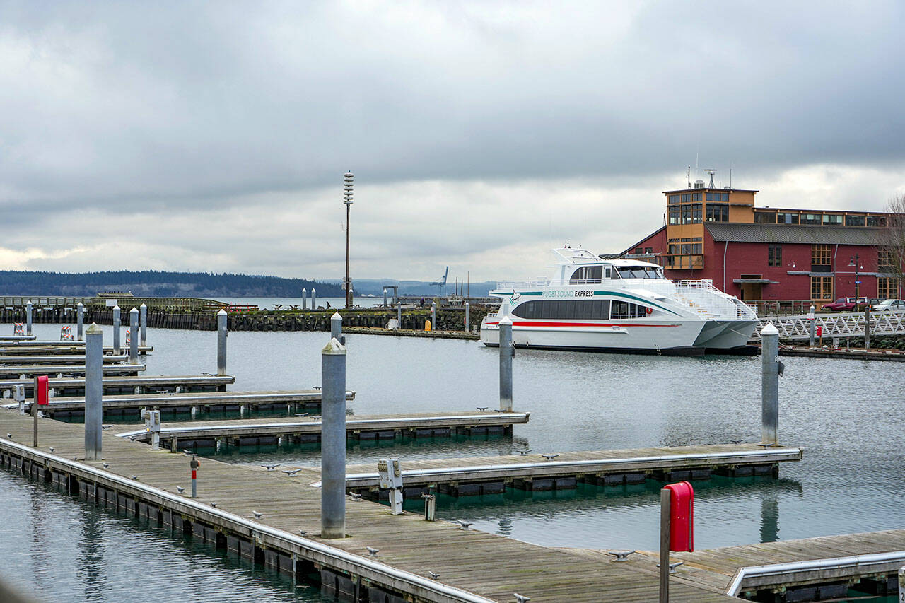 The Swiftsure, a whale-watching tour boat operated by Port Townsend-based Puget Sound Express, is the first vessel to take advantage of the early reopening of the Point Hudson Marina on Wednesday after four months of closure to rebuild its north jetty. The marina will close again after the Wooden Boat Festival ends Sept. 10, when rebuilding the south jetty will start with a scheduled re-opening in March 2024. (Steve Mullensky/for Peninsula Daily News)