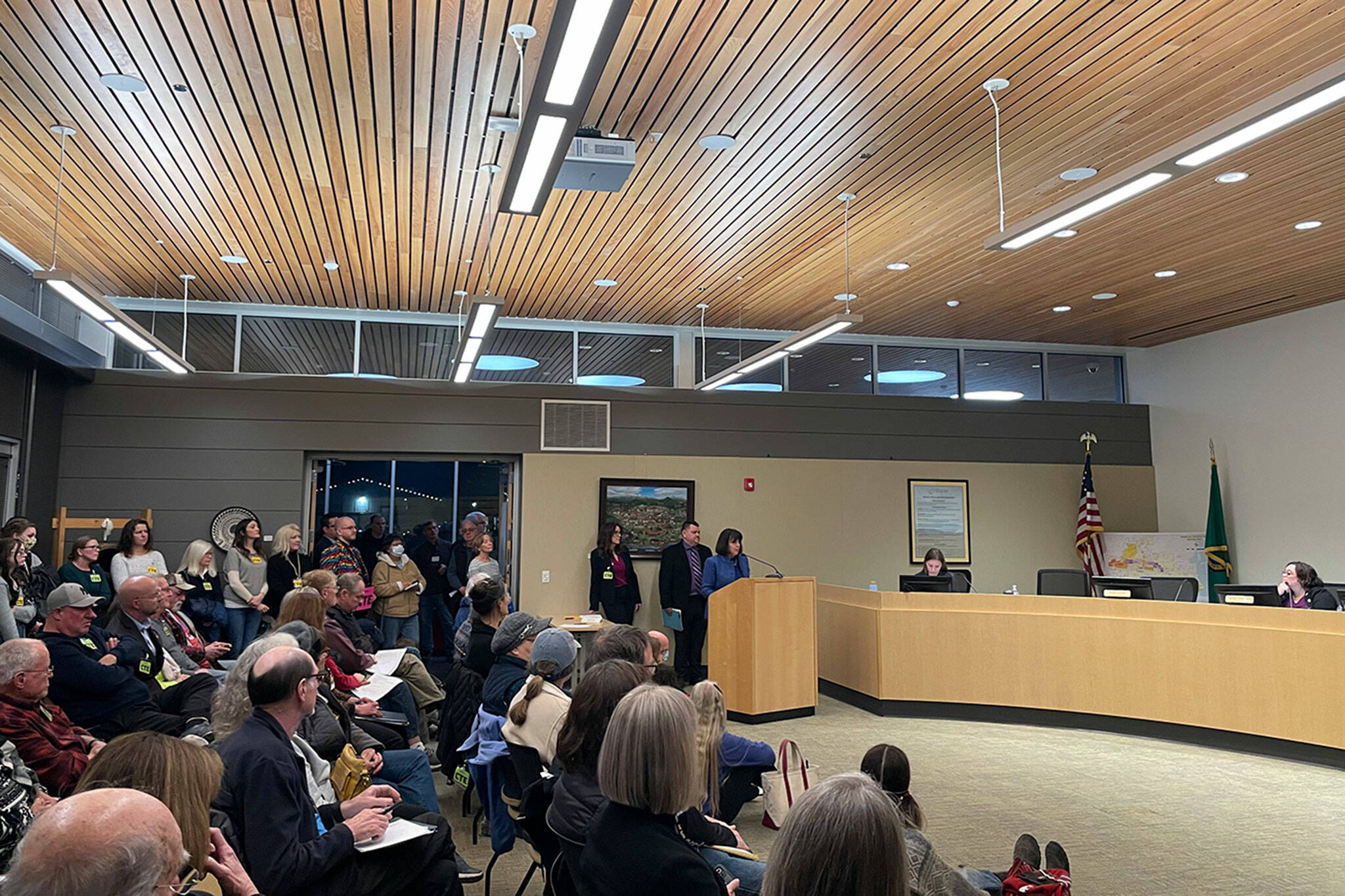 About 100 people gathered in support of Sequim School Districts proposed CTE building at Sequim City Council’s last meeting. More than 20 people spoke in favor of the project in a public hearing. (Matthew Nash/Olympic Peninsula News Group)