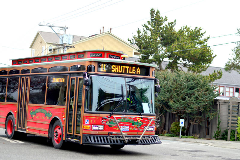 Jefferson Transit has acquired a new trolley-style bus for its Port Townsend shuttle route. It has wooden seats and a bell and runs on diesel like the other buses. (Diane Urbani de la Paz/for Peninsula Daily News)