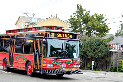 Jefferson Transit has acquired a new trolley-style bus for its Port Townsend shuttle route. It has wooden seats and a bell and runs on diesel like the other buses. (Diane Urbani de la Paz/for Peninsula Daily News)