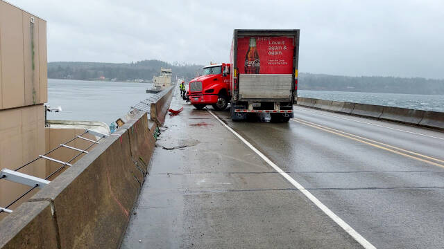 A semi jackknifed on the Hood Canal Bridge on Friday afternoon. The wreck blocked the bridge for seven hours. (Washington State Patrol)