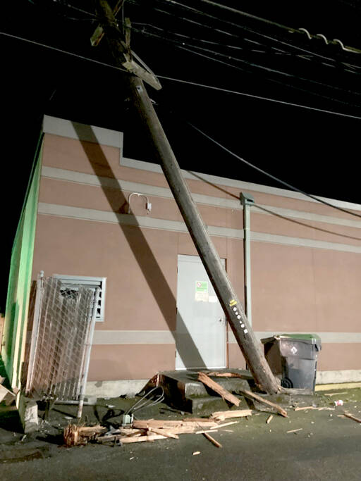 A power pole was knocked off its base in Sequim early Sunday morning. Repair took several hours. (Nicole Clark/Clallam County Public Utility District)