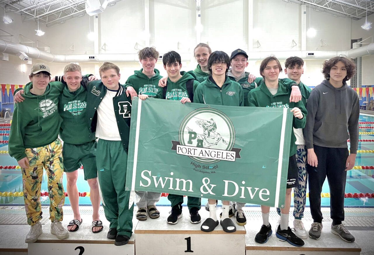 The Port Angeles boys swim team finished fifth at the West Central District championships. From left, are Landon Close, Jacob Miller, Davis Hueter, Finn Thompson, Blake Nahory, Aidan Butterworth, Alex Che, Will Roening, Max Baeder, Keane McClain and Nolan Medgin.