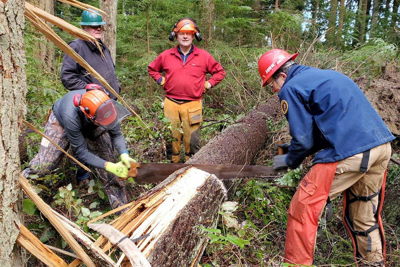 Photo by Donna Hollatz

Cutline: After Robin Hall County Park closed due to a Nov. windstorm which fell a large amount of big trees — causing a dangerous situation to the public — BCH Peninsula Chapter member Tom Mix, left in green hat, led a Sawyer Training and Certification Day at the park. Here, members are taught techniques for using a cross-cut saw. Training also included using a chainsaw.