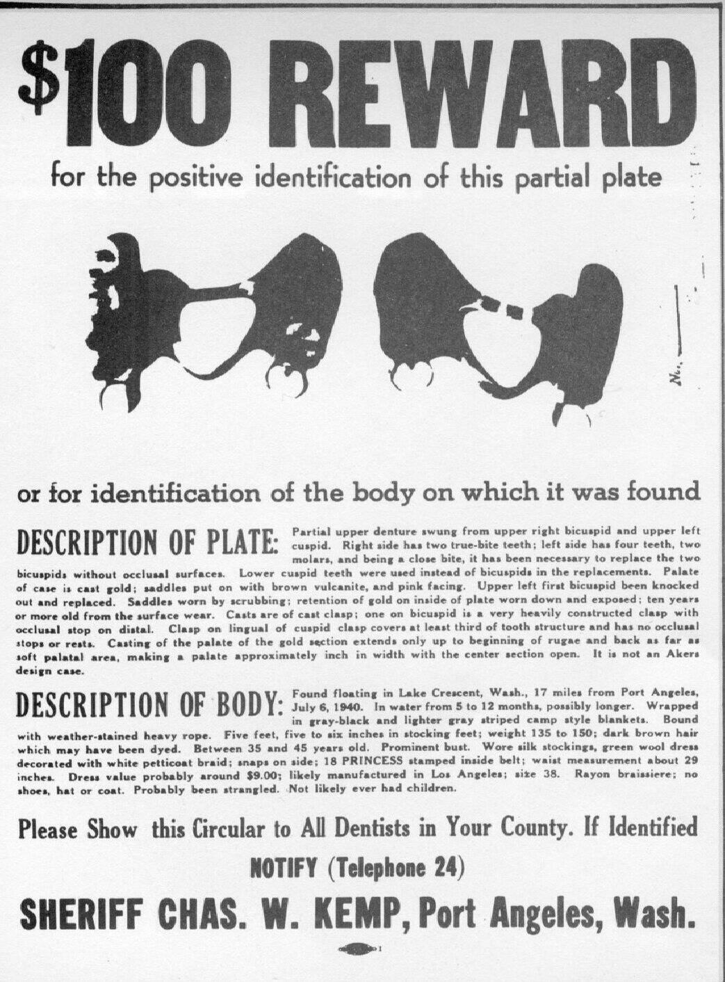 A notice which was sent to dentists around the country regarding the murder and related dental work.