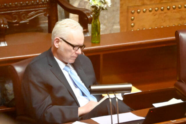 Paul Gottlieb/For Peninsula Daily News
Sen. Kevin Van De Wege is pictured during Senate deliberations before voting on a hospital staffing bill.