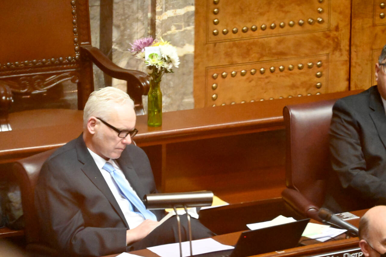 Sen. Kevin Van De Wege is pictured during Senate deliberations before voting on a hospital staffing bill. (Paul Gottlieb/For Peninsula Daily News)