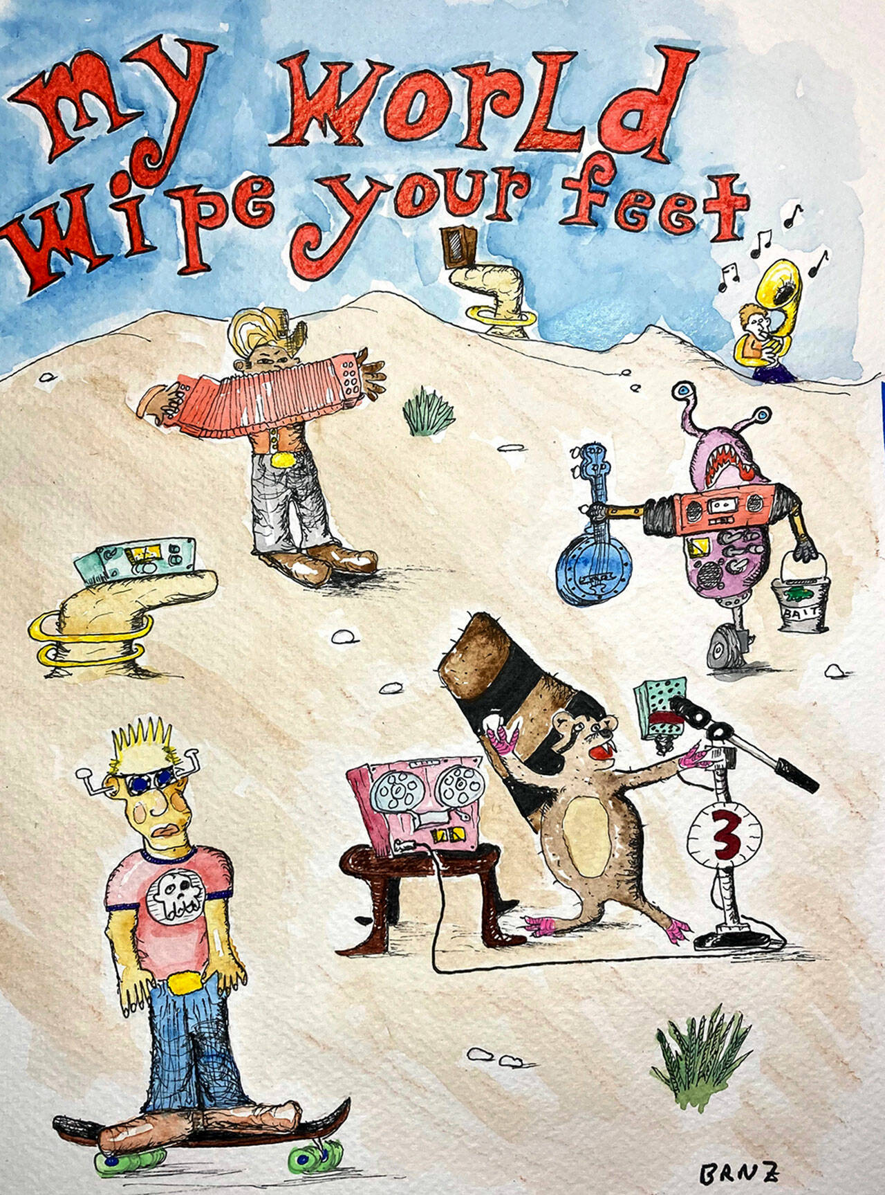 Musician Danny Barnes will debut his visual art Friday at the Northwind Art Grover Gallery in Port Townsend. He’s named his show “My World Wipe Your Feet.” (image courtesy of Danny Barnes)