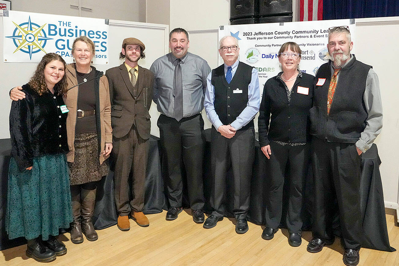 Recipients of the 2023 Jefferson County Community Leadership Awards are, from left, Adeline Gellert-DePalma, Future Business Leader of the Year; Sarah Spaeth, Citizen of the Year; Jake Ramsey, Rising Entrepreneur; Jacob Davidson, Young Professional of the Year; Richard Tucker, President of the Board of Directors of the Chamber of Jefferson County; and Cathy and Pete Langley, Business Leader of the Year. The awards were presented at a dinner Saturday at the American Legion Post in Port Townsend. (Steve Mullensky/for Peninsula Daily News)