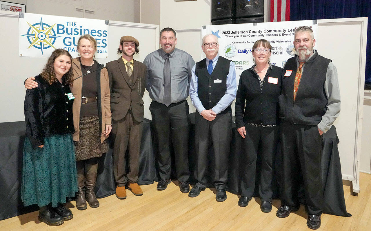 Recipients of the 2023 Jefferson County Community Leadership Awards are, from left, Adeline Gellert-DePalma, Future Business Leader of the Year; Sarah Spaeth, Citizen of the Year; Jake Ramsey, Rising Entrepreneur; Jacob Davidson, Young Professional of the Year; Richard Tucker, President of the Board of Directors of the Chamber of Jefferson County; and Cathy and Pete Langley, Business Leader of the Year. The awards were presented at a dinner Saturday at the American Legion Post in Port Townsend. (Steve Mullensky/for Peninsula Daily News)
