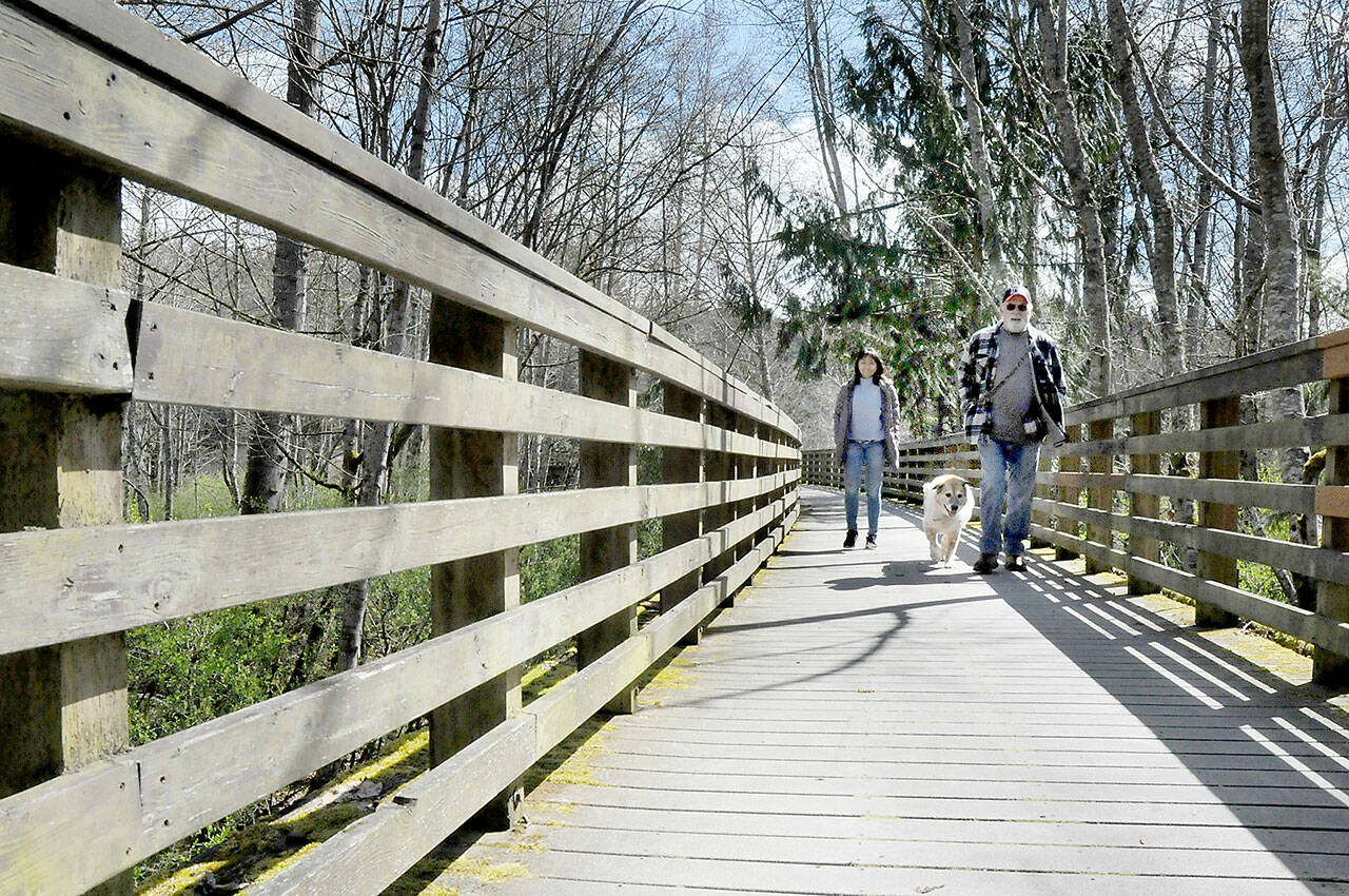 Imelda Jones, left, and Richard Wade, both of Port Angeles, along with the dog, Archie, walk along the Morse Creek trestle near Port Angeles. The trestle, part of the abandoned Chicago, Milwaukee, St Paul and Pacific railroad grade, is a key span on the Olympic Discovery Trail. (KEITH THORPE/PENINSULA DAILY NEWS)