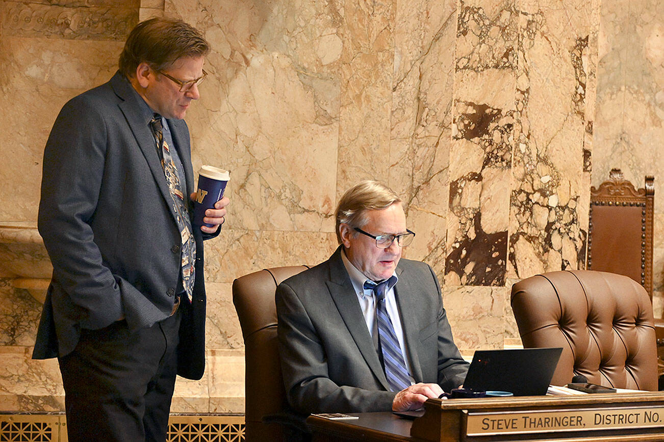 Paul Gottlieb/for Peninsula Daily News
State Reps. Mike Chapman, left, and Steve Tharinger confer during a break in legislative proceedings