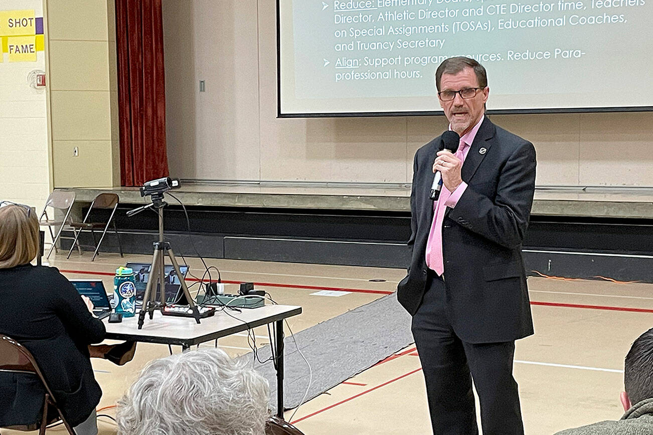 Port Angeles School District Superintendent Marty Brewer addresses the audience at a public forum at Jefferson Elementary School. (Paula Hunt/Peninsula Daily News)