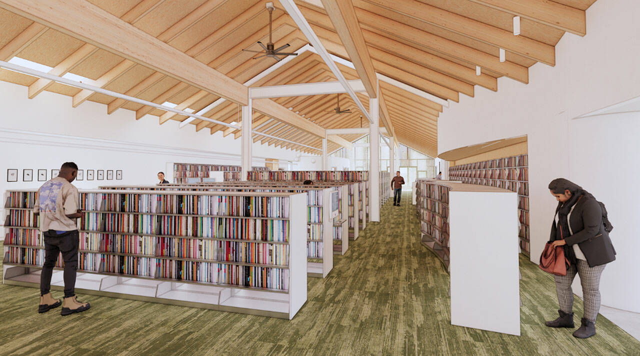 One of the many proposed changes for the renovated and expanded Sequim Library include centering the media collection and making shelves about 4 feet tall for visibility. Library leaders plan to go to bid on the project this fall. (North Olympic Library System)