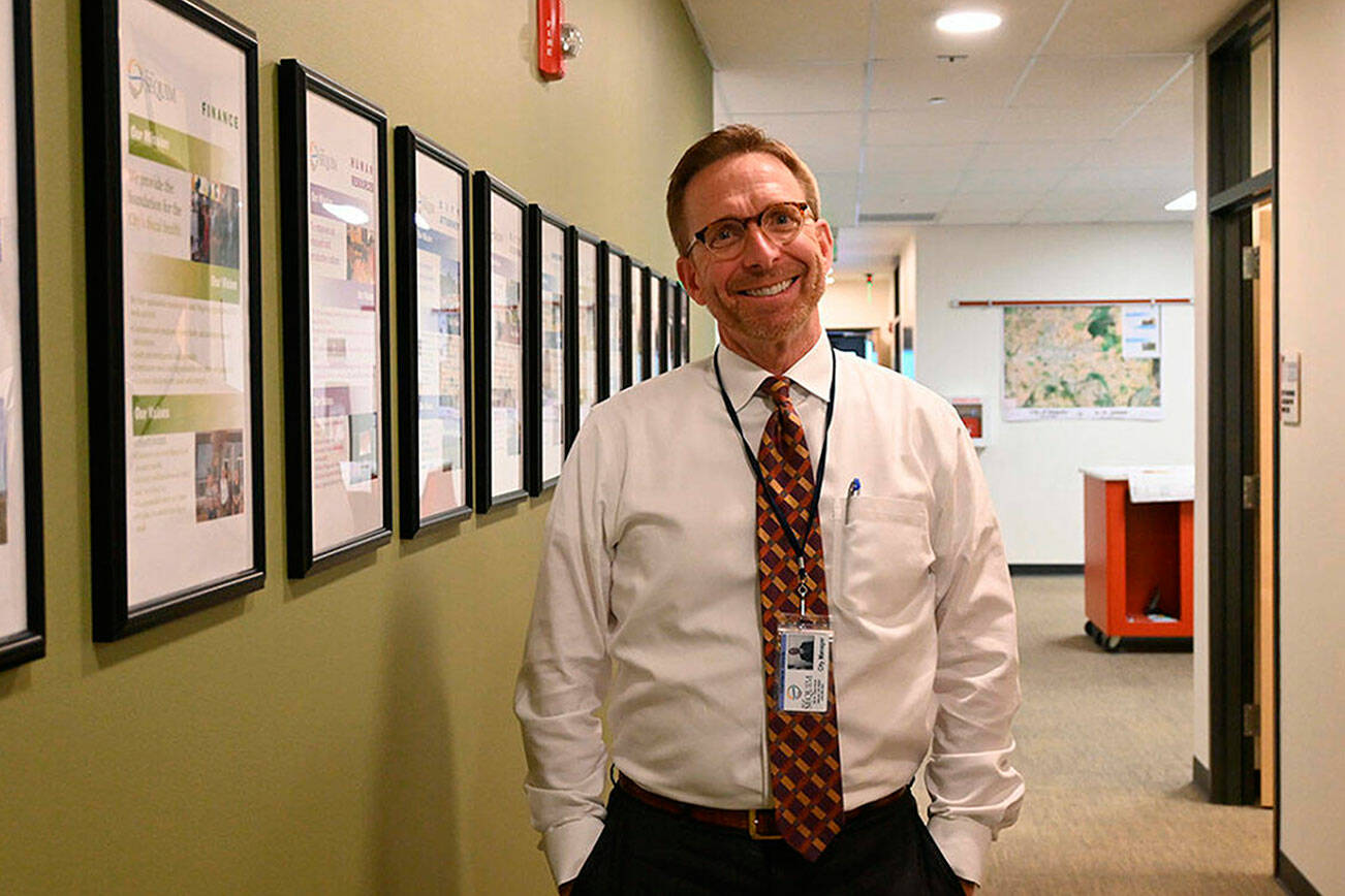 Seen here on his first day as Sequim city manager on Nov. 1, 2021, Matt Huish recently received a positive review from city council members. It was his first performance review since starting in Sequim. (Michael Dashiell/Olympic Peninsula News Group)
