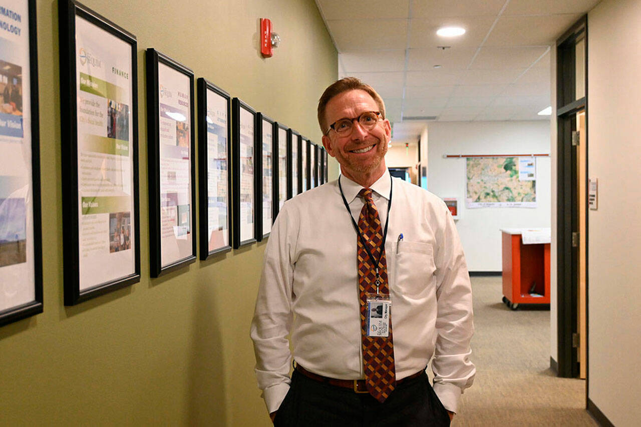Seen here on his first day as Sequim city manager on Nov. 1, 2021, Matt Huish recently received a positive review from city council members. It was his first performance review since starting in Sequim. (Michael Dashiell/Olympic Peninsula News Group)