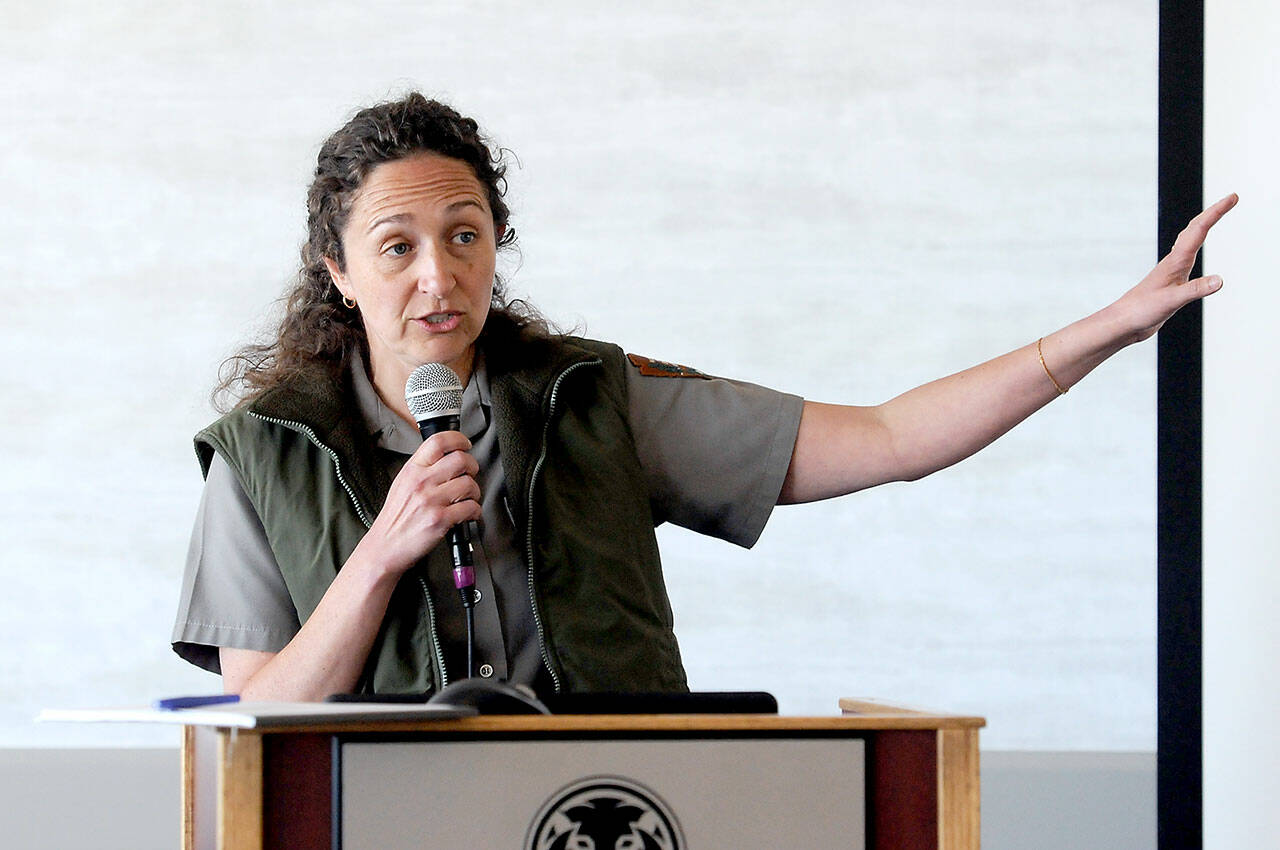 Olympic National Park Superintendent Sula Jacobs speaks on Wednesday about the status of the day lodge at Hurricane Ridge and public access to the area in the aftermath of a fire on Sunday that destroyed the popular tourist destination. (Keith Thorpe/Peninsula Daily News)