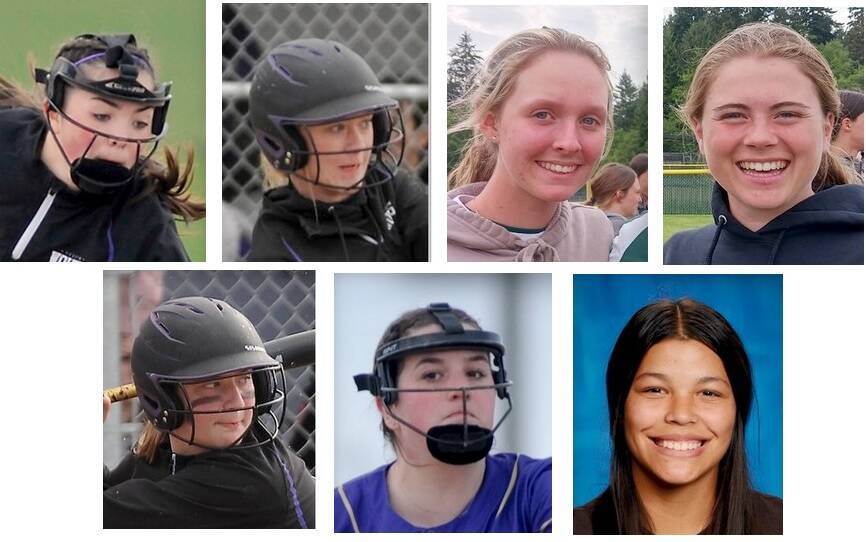 Olympic Peninsula softball players named to the Olympic League all-league first team. Clockwise, upper left, Hannah Bates, Sequim; Lexi King, Sequim; Natalie Robinson, Port Angeles; Lily Halberg, Port Angeles; Taylee Rome, Sequim; Lainey Vig, Sequim; Mia Pozernick, Sequim.