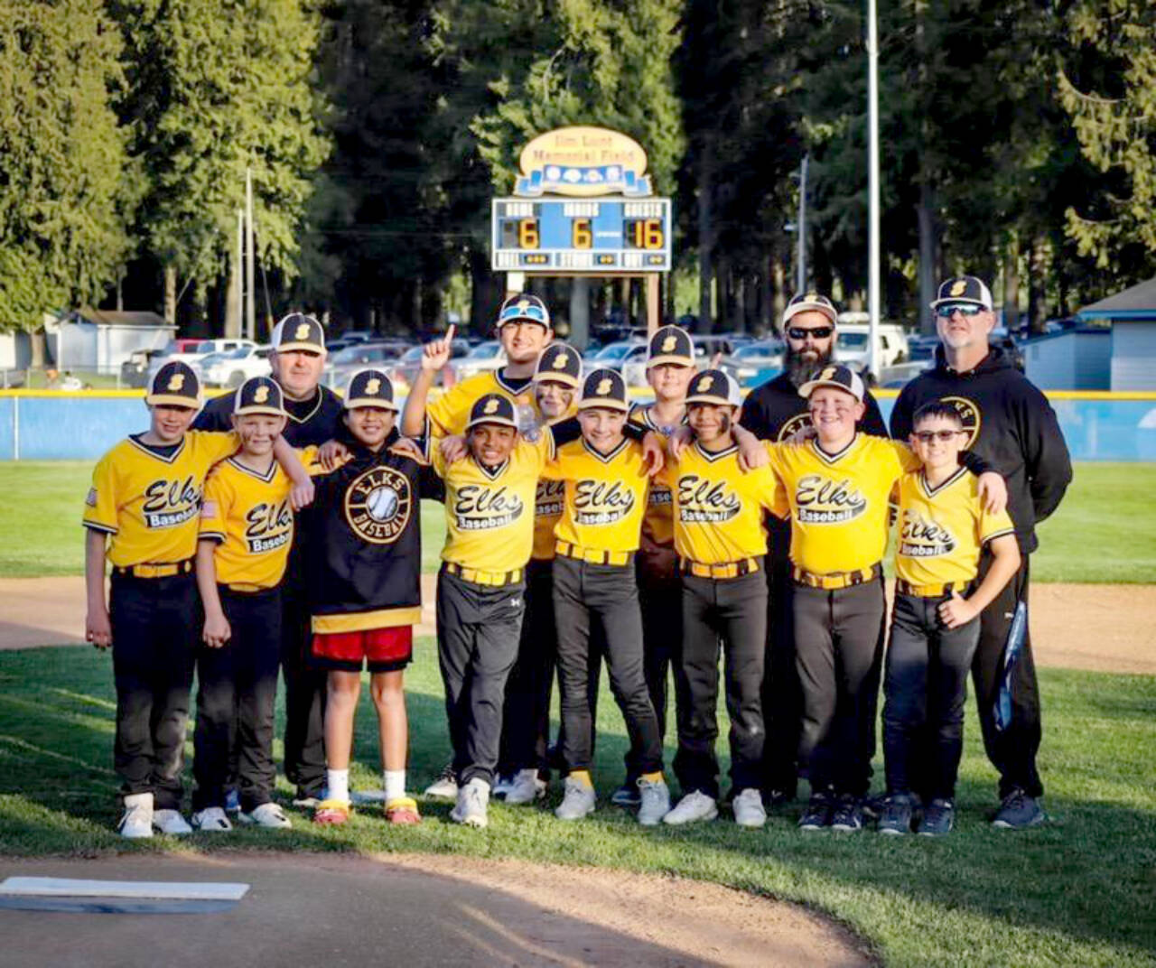 Elks won the Cal Ripken Majors championship this weekend with a 16-6 over Lions. From left to right, back row are Manager Brian Shimko, Nathaniel Williams, Noah Johnstad, coach Jared Johnstad and coach Rob Merritt. From left, front row, are Jaydon Christensen, Kade Johnstad, Julian Wells, Makai McAfee, Boe Horejsi, Logan Garling, Julian Dominguez, Cooper Merritt and Kyler Williams. Not pictured is team member Jay Lieberman. (Courtesy photo)