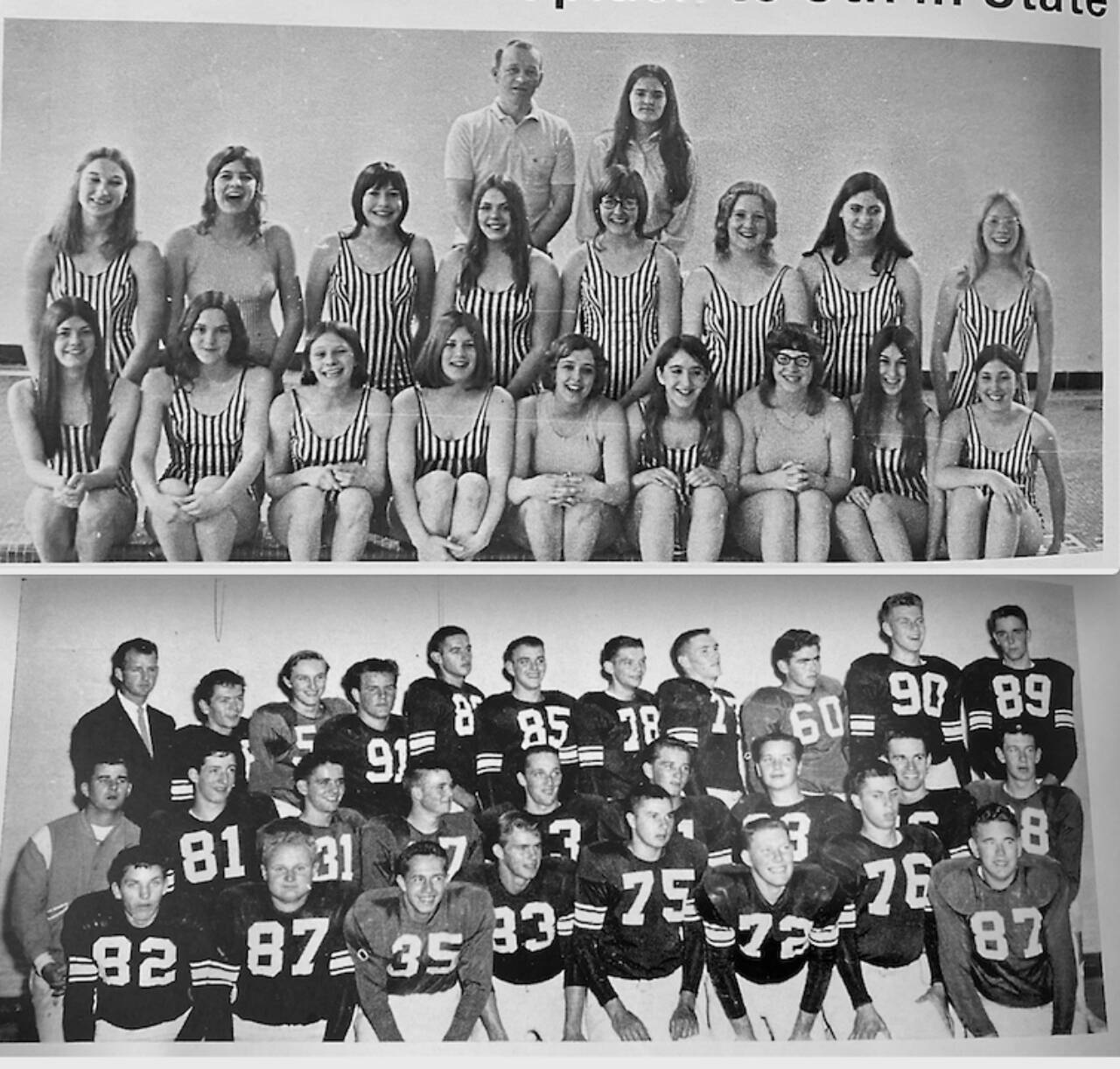 (Top) The 1972 Port Angeles girls swim team, the first girls team at the high school after Title IX passed, and the (bottom) 1956 Roughriders’ football team that went 7-1 will be inducted in August into the Port Angeles Hall of Fame.