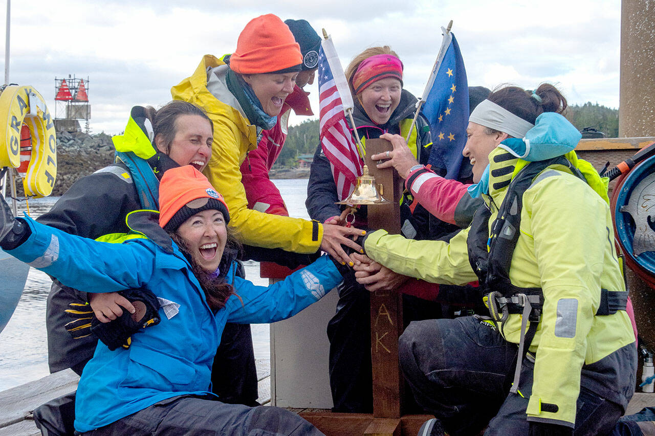 Members of team We Brake for Whales celebrate their win in the 2023 Race to Alaska in Ketchikan, Alaska, on Wednesday. (Kelsey Brenner via the Northwest Maritime Center)