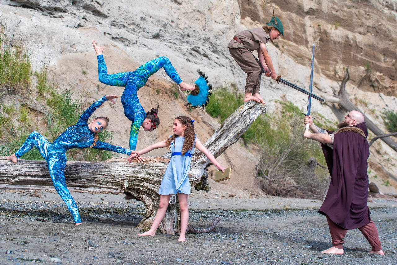 Emily Matthiessen/Olympic Peninsula News Group
From left, Keylee Disinski, Mia Underwood, Rosie Sly-Hobson, Rivers Maynard and Andrew Lumm play some of the main characters in Sequim Acrobatics Academy’s upcoming “Neverland,” a Peter Pan themed extravaganza prepared for nearly a year for audiences at Sequim High School this Friday and Saturday.