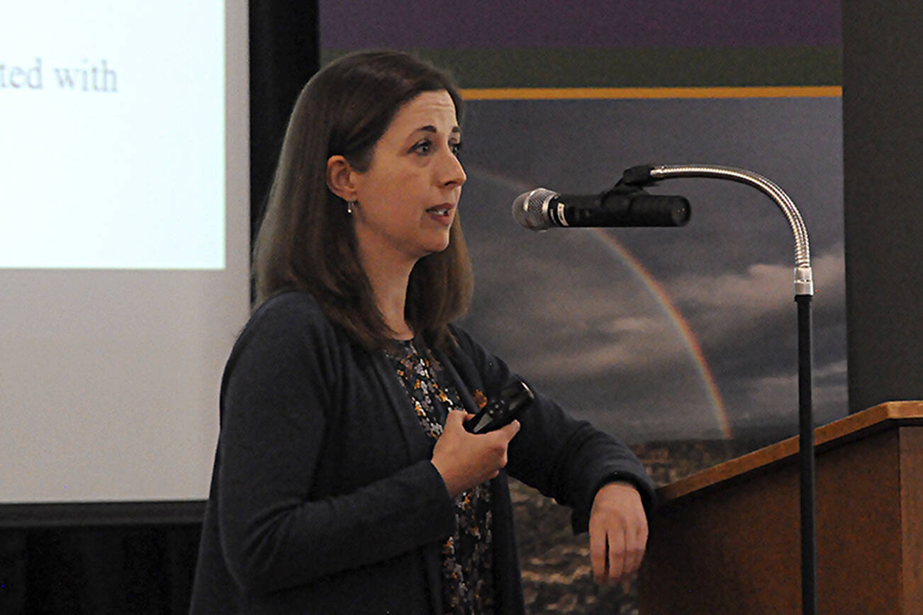Dr. Molly Martin, Jamestown S’Klallam Tribe’s Healing Clinic executive director, speaks to a crowd at the Sequim-Dungeness Valley Chamber of Commerce’s luncheon on June 27. “We know from what we’ve been doing so far, recovery is possible,” Martin said. “And we are absolutely here to help. If there is anyone who needs our services, please tell them to seek us out.” (Matthew Nash/Olympic Peninsula News Group)