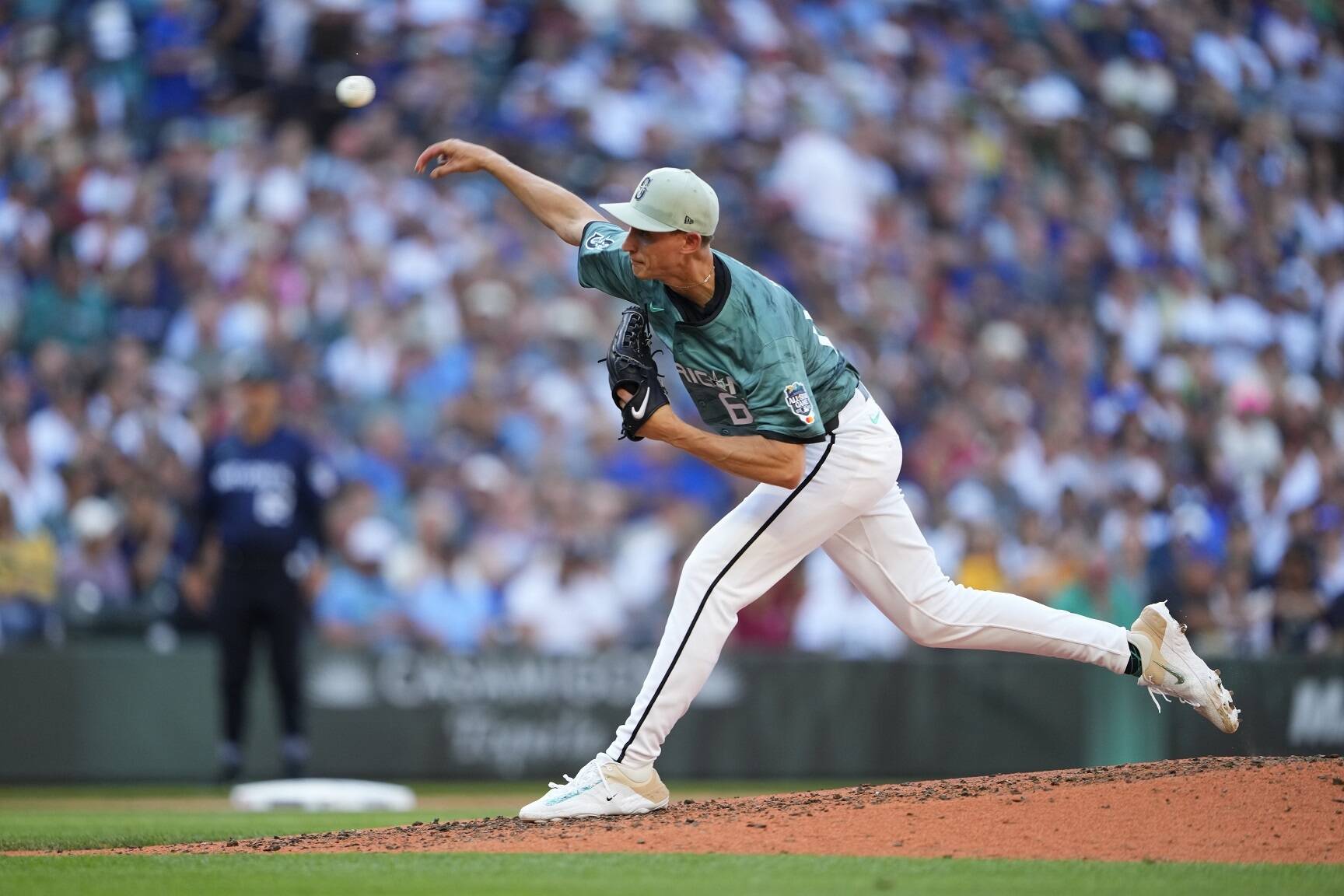 American League pitcher George Kirby, of the Seattle Mariners, throws in the fourth inning during the MLB All-Star baseball game in Seattle, Tuesday, July 11, 2023. (AP Photo/Lindsey Wasson)