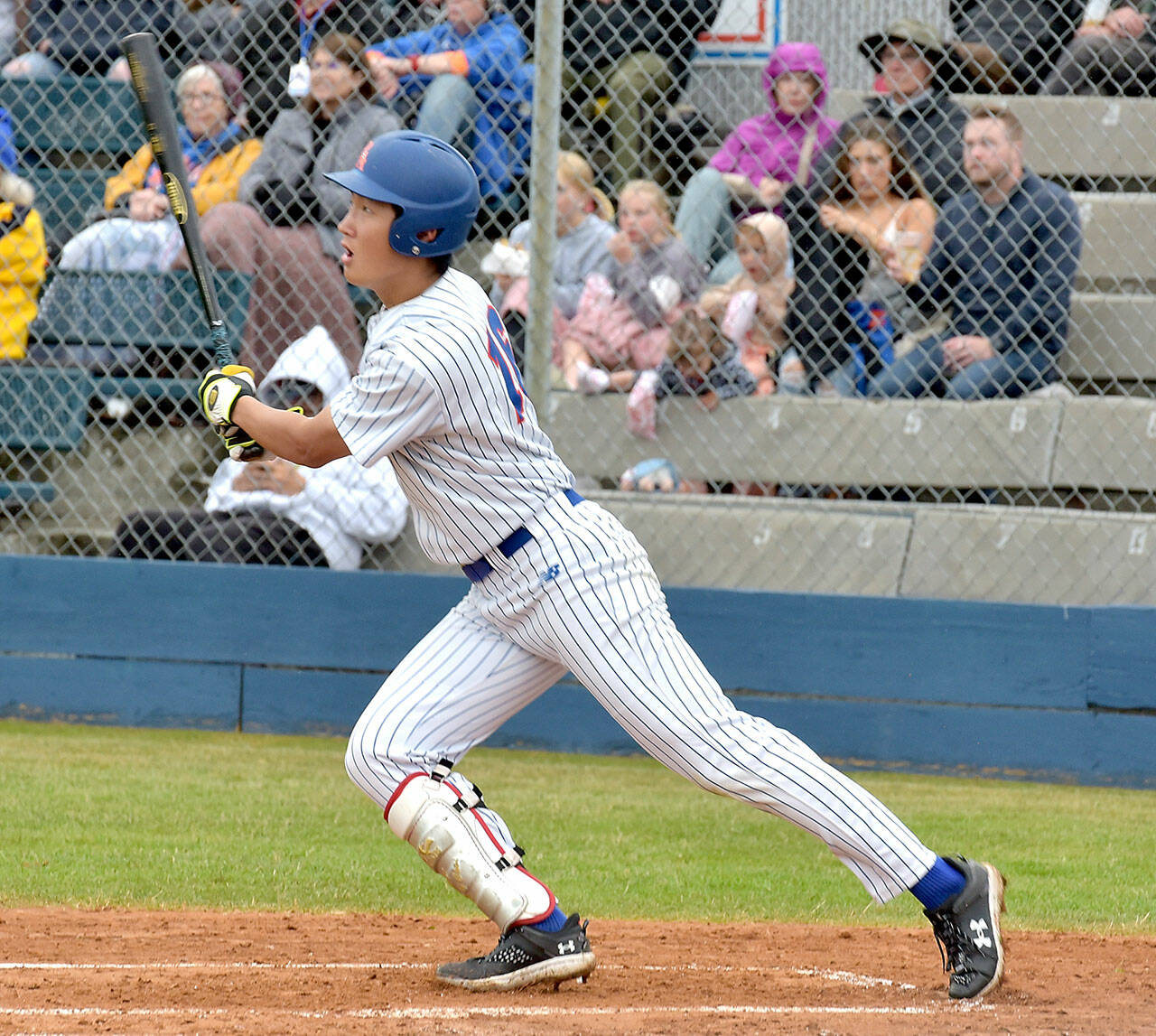 Lefties shortstop B.Y. Choi bats against Springfield early this season at Port Angeles Civic Field. Choi, who also played in Port Angeles in 2022, was drafted this week by the San Diego Padres. (Keith Thorpe/Peninsula Daily News)