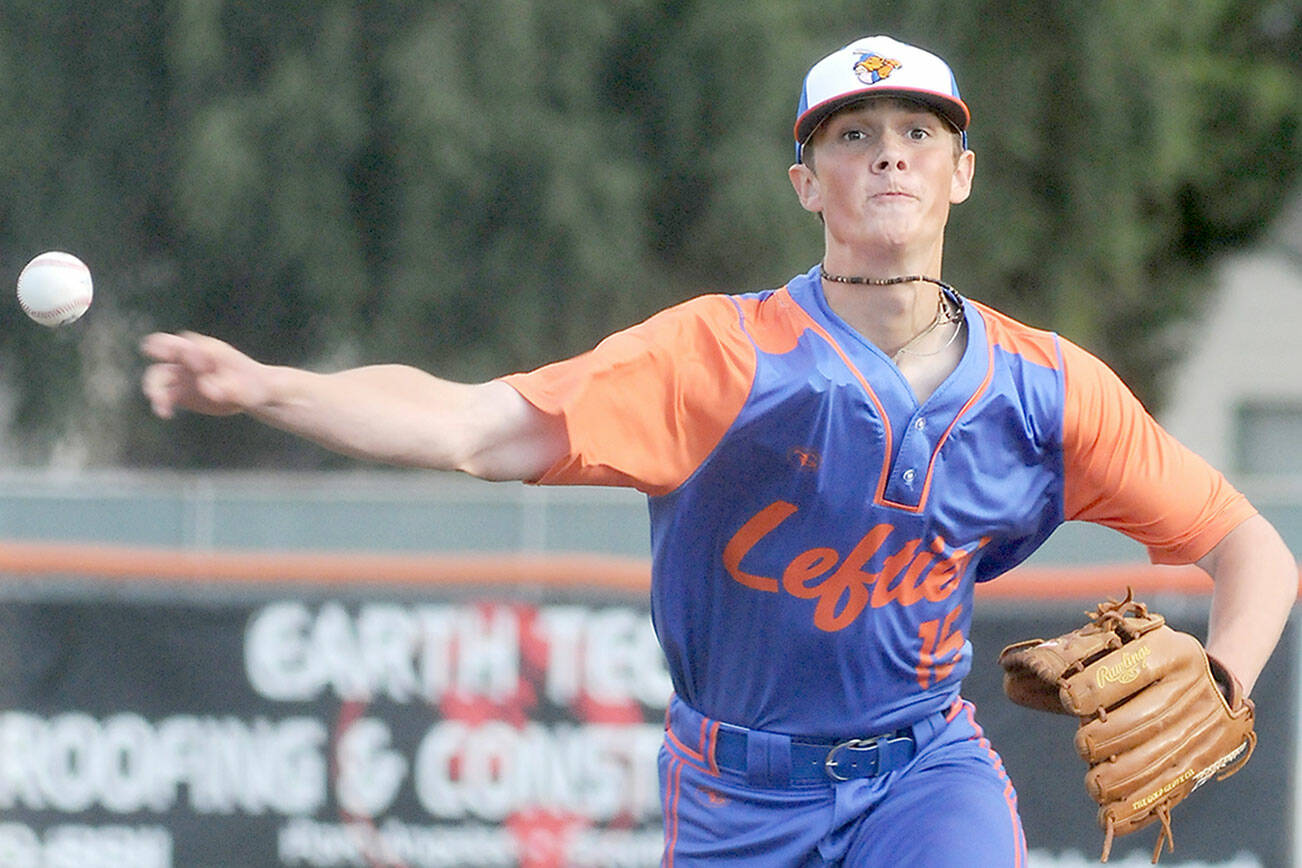 KEITH THORPE/PENINSULA DAILY NEWS
Lefties pitcher Kole Acker throws in the first inning against Edmonton on Wednesday night at Port Angeles Civic Field.
