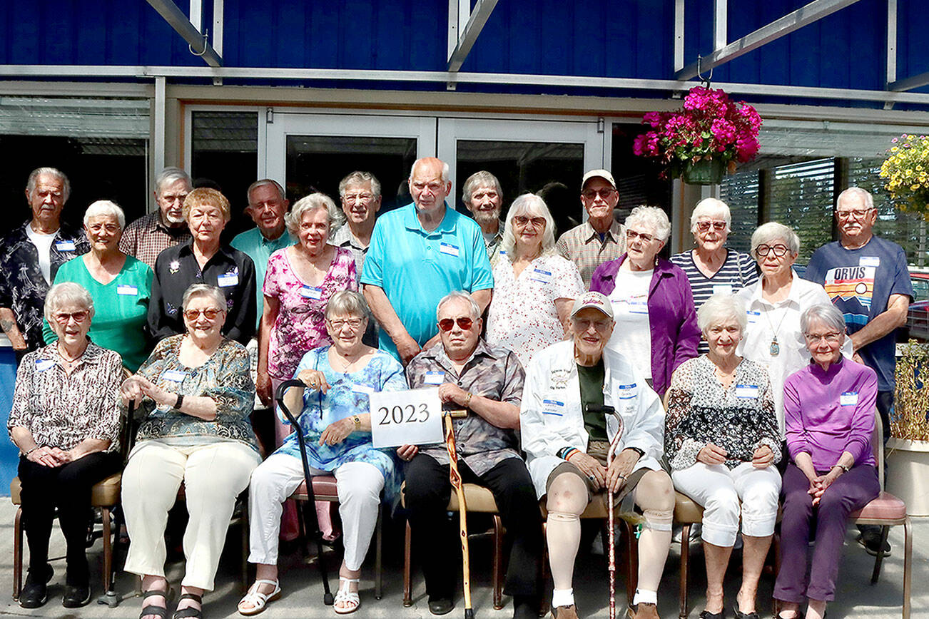 The Port Angeles High School class of 1958 held their 65th year reunion recently at Fairmount Restaurant. 23 members of the class were present for the reunion.There was about 170 in the class back in 1958. Henry Wyborney, a past member of their class, was the Washington state high jump champion that year.
	ID: back row l to r: Dee Coburn, Stan Grall, Don Williams, George Rains, Aerlyn Bryant, Jerry Fagerlund, Lorraine Grinell, Dick Grinell.    Middle  row: Dotty West, Elaine Doughtery, Sylvia Batlin, Fred Larson, Georgina Bridges, Jo Lee Grooms, Edna Peterson.    Front row:
Karen Sewell, Connie Graham, Rosalyn Taylor, Duane Almaden, Larry Madden, Shirley Tyner and Sheryl Todd. dlogan