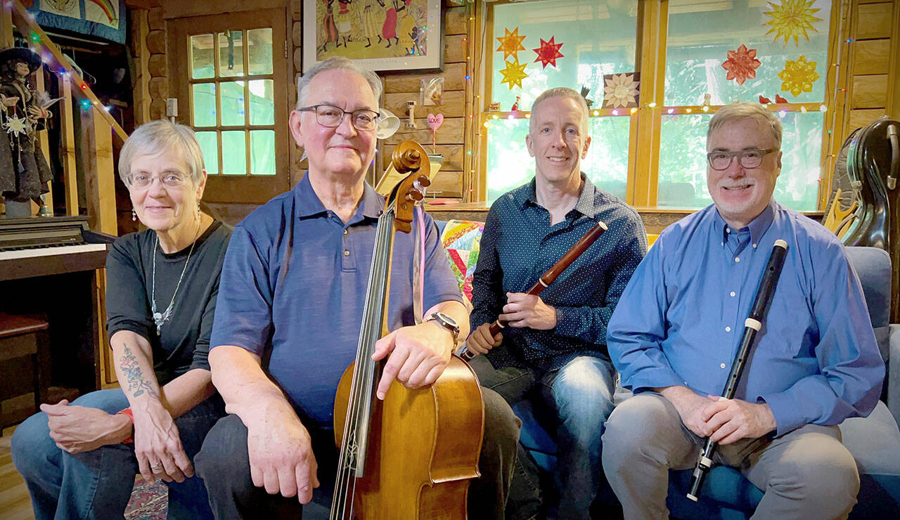 Ensemble Schola Galante members, from left to right, are Dahti Blanchard, Lee Inman, Miguel Rodé and Douglass Hjelm.