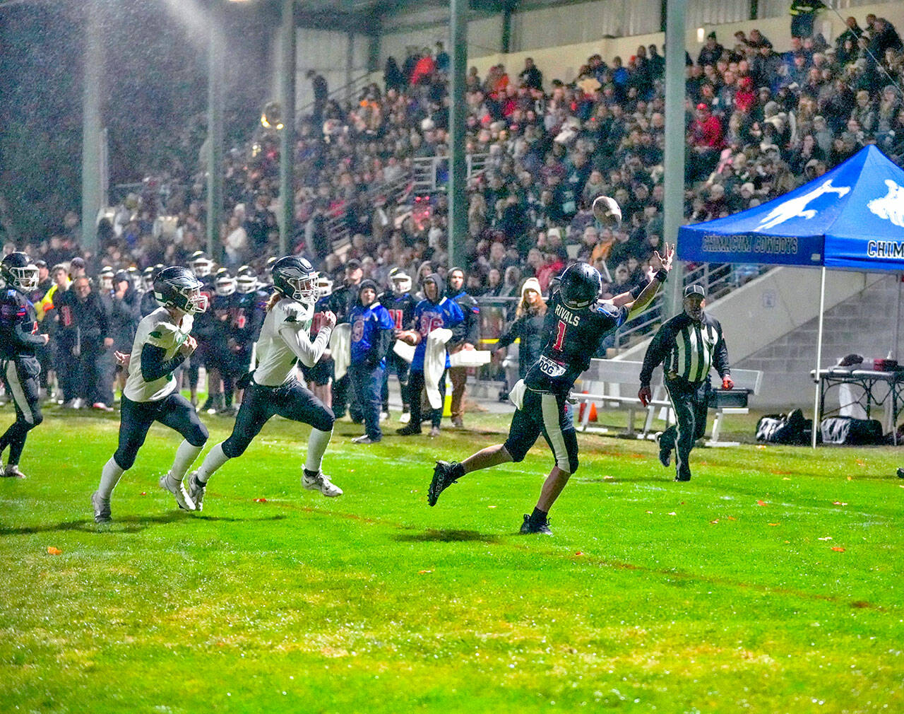 Steve Mullensky/for Peninsula Daily News East Jefferson’s Gary Zambor makes the catch at the 3-yard line during an October 2022 win over Klahowya. Zambor will be counted on once again to be a playmaker for the Rivals on both sides of the football.