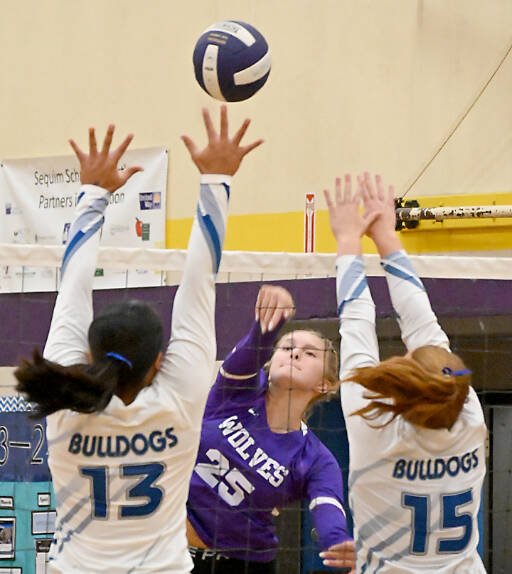 Sequim middle hitter Jolene Vaara spikes the ball against North Mason on Tuesday at Sequim Middle School. Vaara led the team with 16 kills and seven stuff blocks. (Michael Dashiell/Olympic Peninsula News Group)