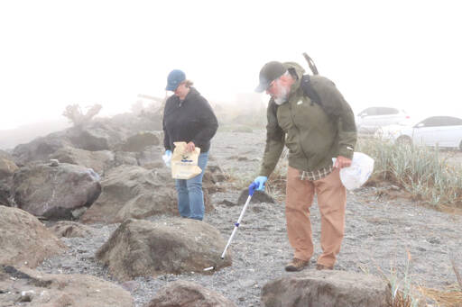 Karin and Juan Haley of Port Angeles do volunteer beach cleanup on Ediz Hook on Saturday morning. The event at Harborview Park and other spots along the coastline was sponsored by Washington CoastSavers, a program of the Washington Clean Coast Alliance. (Dave Logan/for Peninsula Daily News)