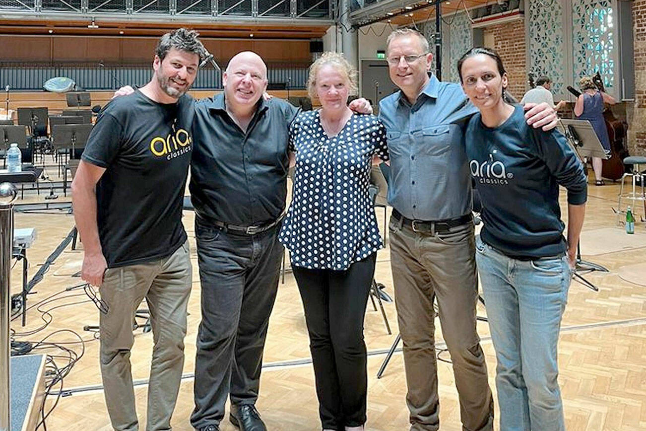 At the London Symphony Orchestra’s home venue in England, an international team of musicians recorded the Port Angeles Symphony’s Concerto for Double Bass and Orchestra: from left, producer Fernando Aria of Spain; Port Angeles Symphony conductor Jonathan Pasternack; composer Sarah L. Bassingthwaighte; double bassist Steve Schermer and the producer’s partner, Ines Aria. (Port Angeles Symphony)