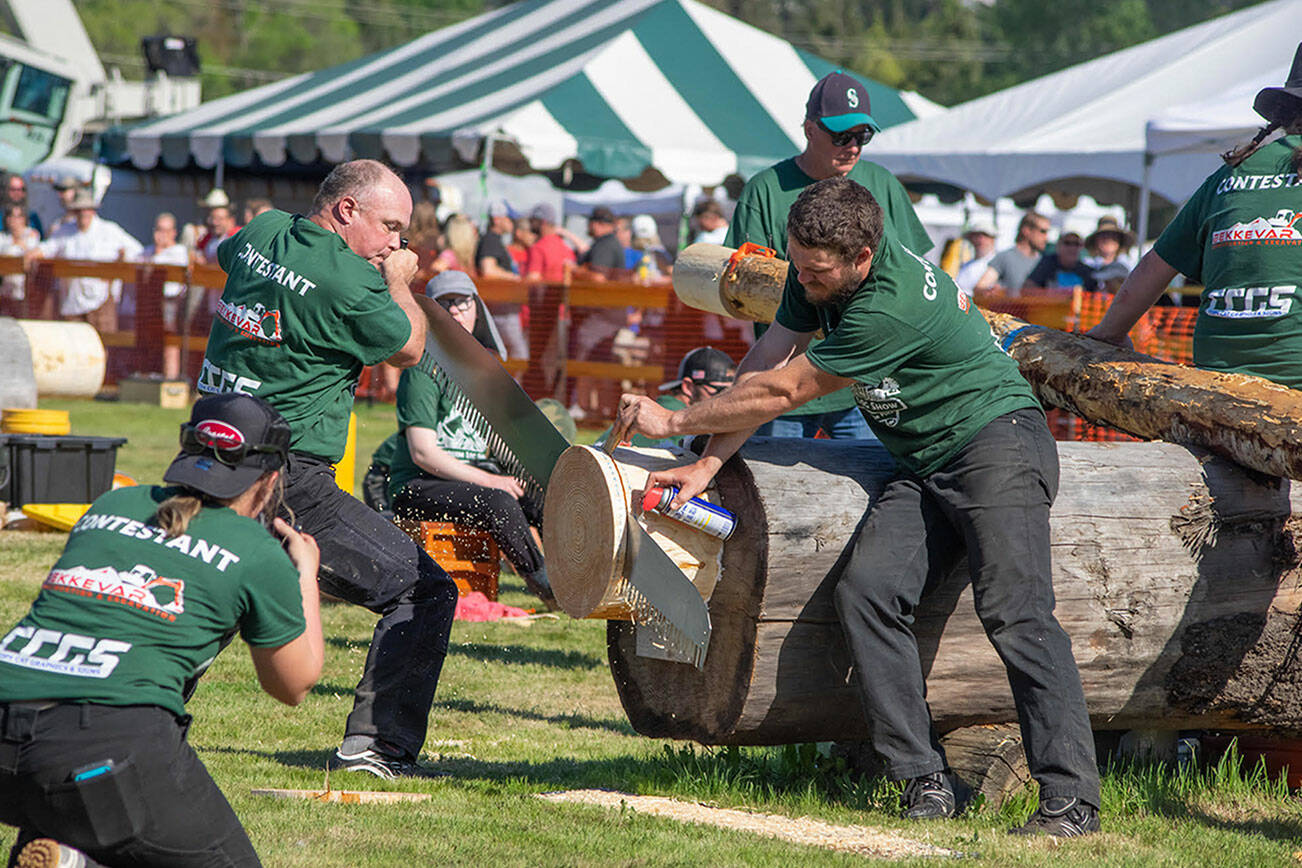 Emily Matthiessen / Olympic Peninsula News Group
The Sequim Logging Show, seen in May 2023, will operate next year as its own nonprofit organization to seek insurance coverage separate from the Sequim Irrigation Festival. Organizers of both the festival and show say it was a pragmatic decision and is similar to what the festival did in late 2017 after leaving the umbrella of the Sequim-Dungeness Valley Chamber of Commerce.